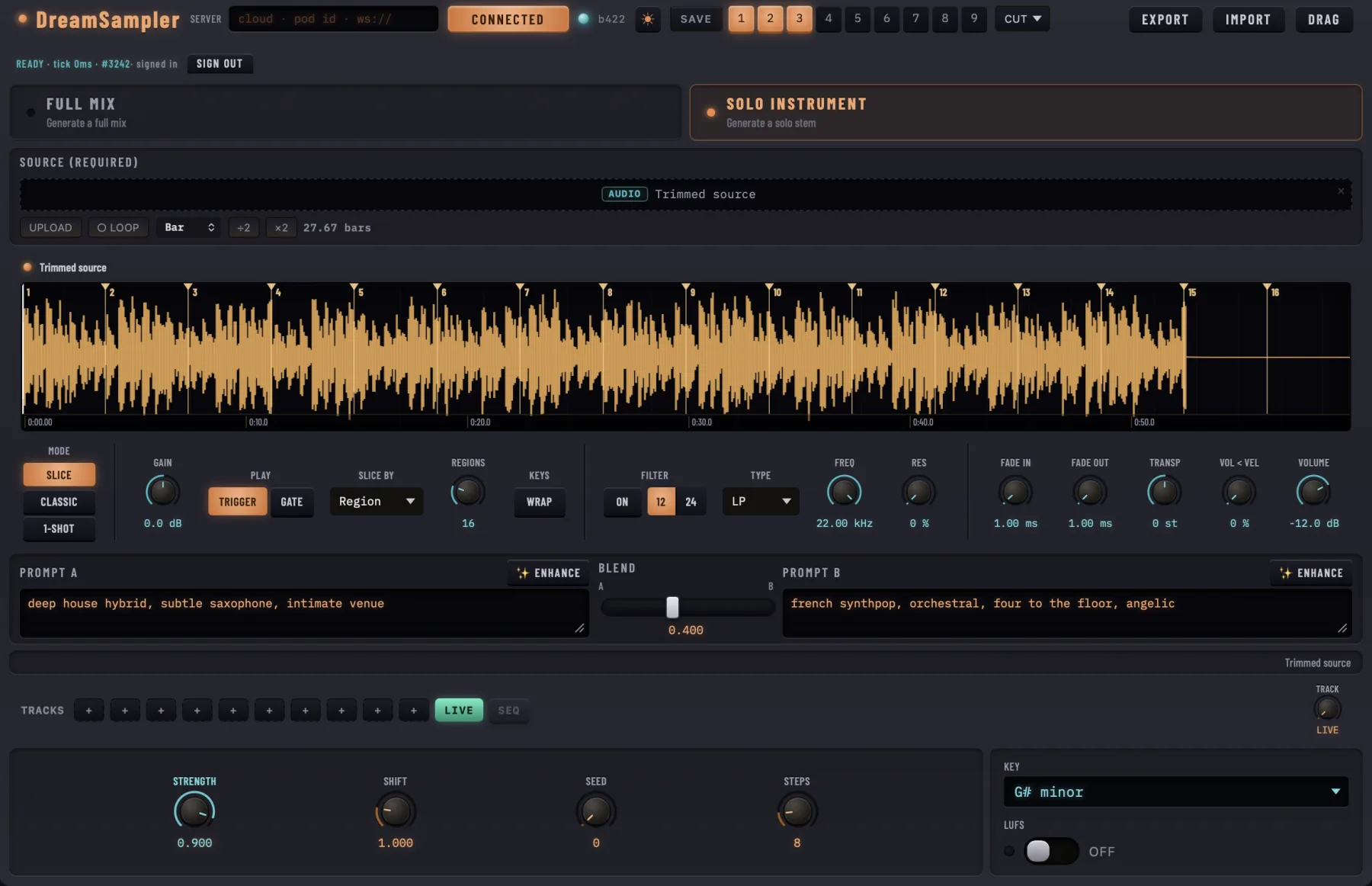 DreamSampler VST3 instrument running in a DAW — a sliced source waveform, Prompt A/B blend, and live Strength, Shift, Seed, and Steps controls