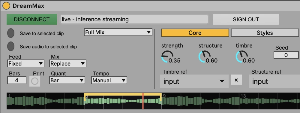 DreamMAX Max for Live device — a connected live inference stream with Core/Styles tabs, strength, structure, and timbre knobs, timbre/structure refs, and a looped waveform below