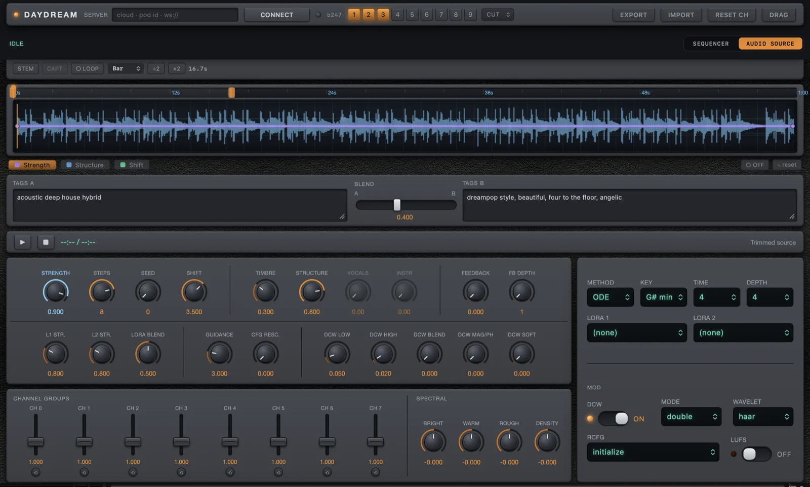 Daydream VST plugin — waveform editor, prompt blending, and a full matrix of automatable parameter knobs